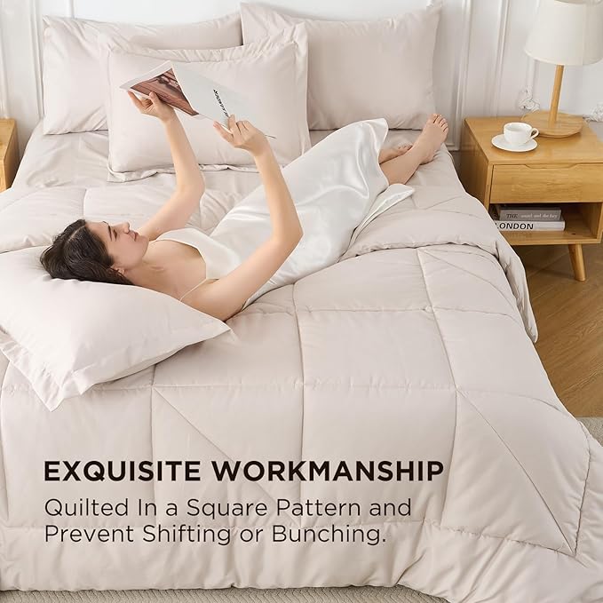 5 Pieces Twin Comforter Set - Utral Soft Microfiber Bedding Set, Thick Duvet Insert Bed in a Bag Without Rustling Noise for All Season, Beige (68"x88")