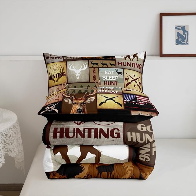 Feelyou Kids Hunting Bedding Set Queen Size, Deer Hunting Comforter Set Boys Girls Deer Antlers Comforter Hunting Gifts Duvet Insert Kids Room Decor with 2 Pillow Case