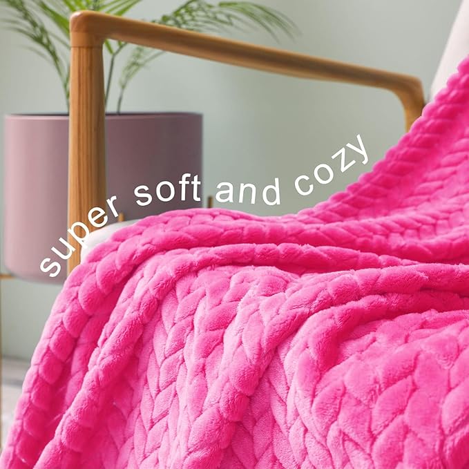 Exclusivo Mezcla Fleece Throw Blanket for Couch and Bed, 50x70 Inches Soft Cozy Jacquard Flannel Blankets, Lightweight Fuzzy Plush Warm Throws for Women, Hot Pink