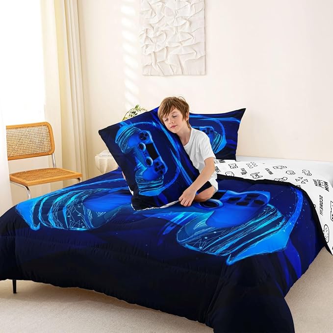 Feelyou Gamer Bedding Set Kids Video Game Gamepad Comforter Set for Boys Teens Gaming Headset Comforter Breathable Blue Game Controller Duvet Set Room Decor Quilt Set Full Size