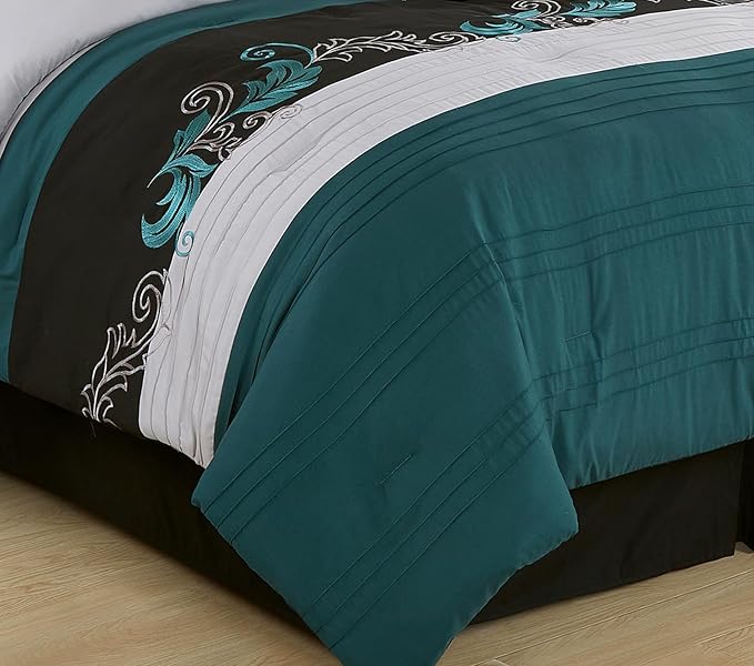 Chezmoi Collection Napa 7-Piece Luxury Leaves Scroll Embroidery Bedding Comforter Set (California King, Teal/Black/Gray)