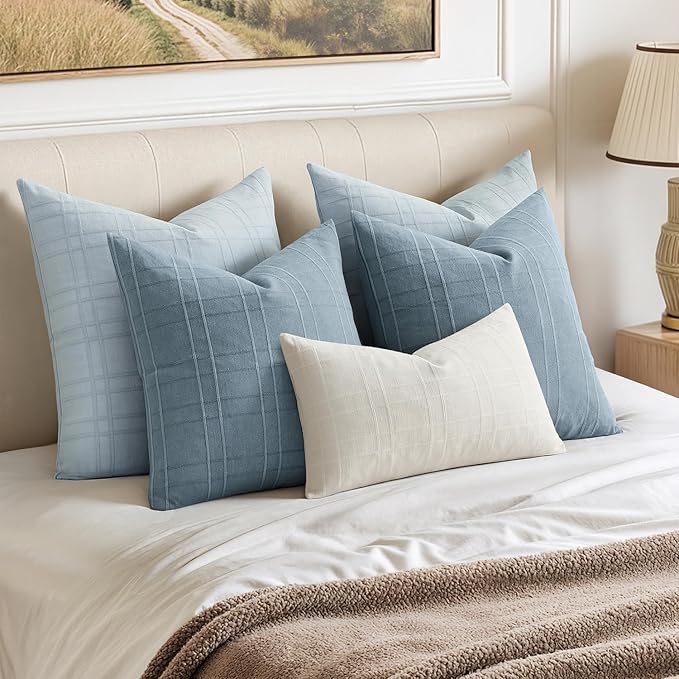 MIULEE Decorative Linen Check Euro Shams Throw Pillow Covers Neutral Farmhouse Vintage Pillow Covers 22x22 Set of 2 Boho Modern Home Decor for Sofa Couch Bedroom Cushion Coastal Blue