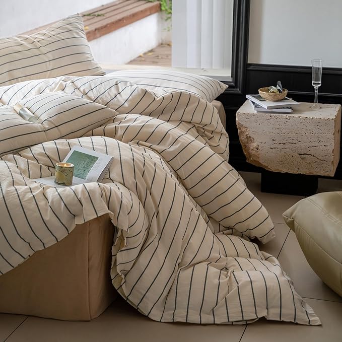 LifeTB Boho Striped Duvet Cover Sets King Beige Cream Duvet Cover with Grey Stripes Pattern Comforter Cover Breathable Farmhouse Bedding 100% Washed Cotton Striped Bedding Comforter Cover King Size