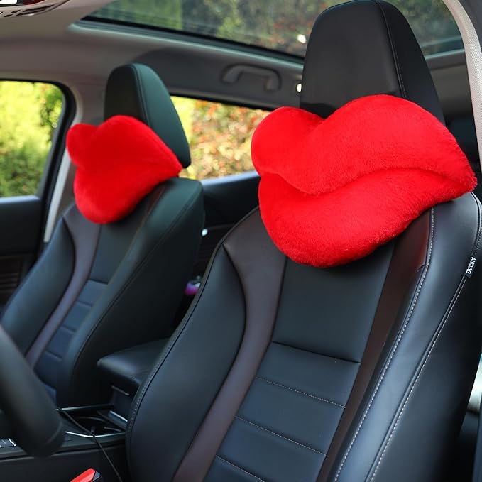 Sexysamba 2 Pack Lip Shaped Car Headrest Pillow, Comfortable Soft Head Rest Cushion Kawaii Car Accessories Cute Car Neck & Seat Pillow for Driving Travelling Office Home Decor - Red Lip