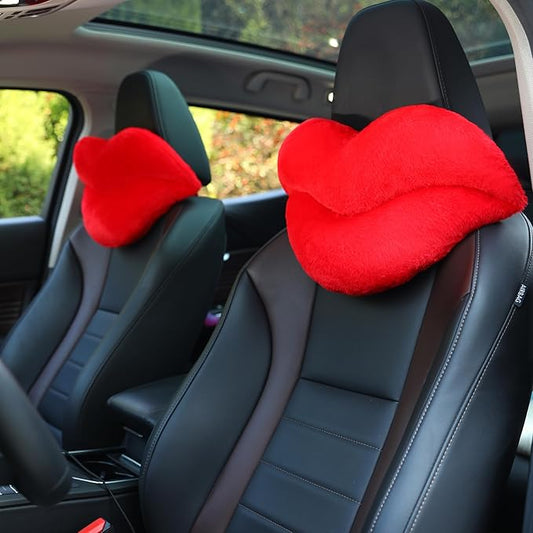 Sexysamba 2 Pack Lip Shaped Car Headrest Pillow, Comfortable Soft Head Rest Cushion Kawaii Car Accessories Cute Car Neck & Seat Pillow for Driving Travelling Office Home Decor - Red Lip