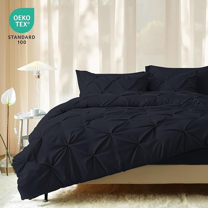 JOLLYVOGUE Twin Comforter Set 5 Pieces - Bed in a Bag Twin for All Season, Pintuck Bedding Comforter Sets with Comforter, Flat Sheet, Fitted Sheet and Pillowcases & Shams, Black