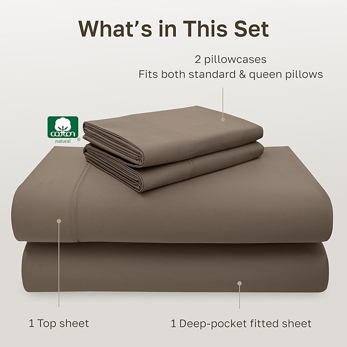 California Design Den 100% Cotton Sheet Set Queen, 600 Thread Count Sateen, Soft, Cooling Deep Pocket Cotton Sheets, Hotel-Quality Queen Sheet Set (Mushroom - Taupe Brown)