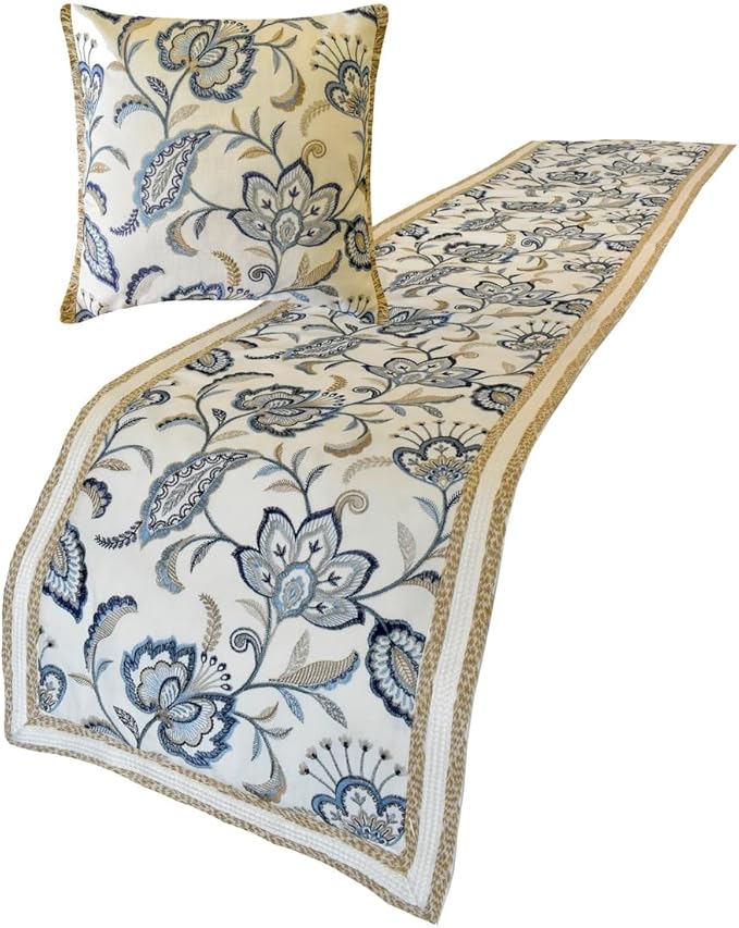 The HomeCentric King/Queen/Twin Blue Designer CA King 86"x18" Bed Runner with Pillow Cover, Floral, Embroidered, Jute Lace & Lace Bed Scarf on Cotton Fabric - Morning Glories