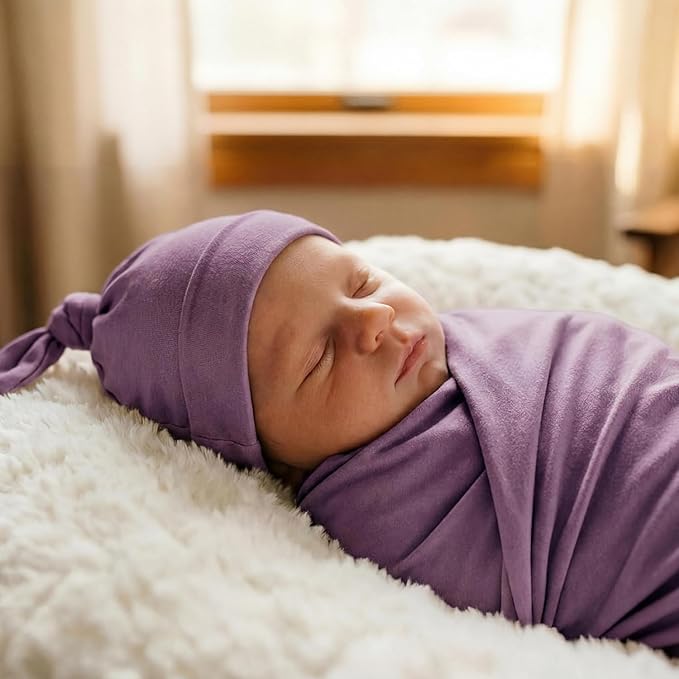Large Jersey Knitted Swaddle Blanket for Baby, Soft Stretchy Receiving Blanket for Newborns with Hat, Baby Nursery Swaddle 47 x 47 inches(Mauve)