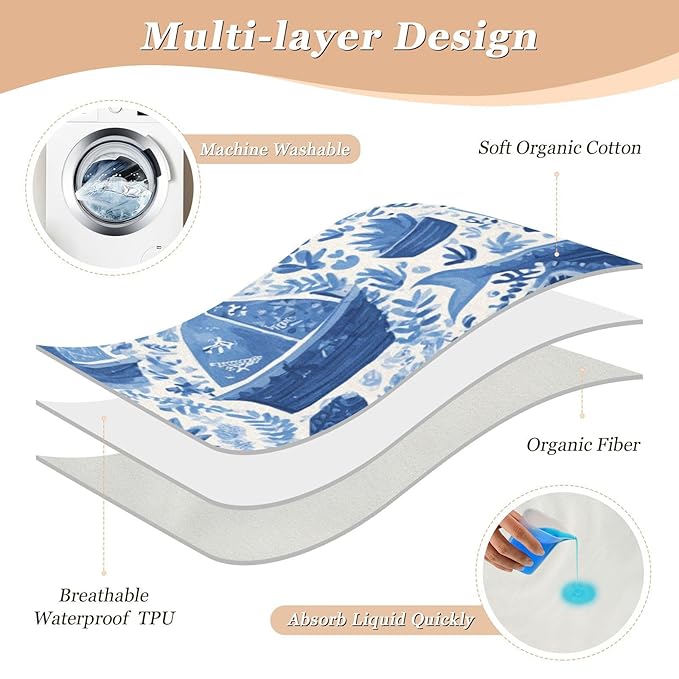 Waterproof Bed Pad Reusable Changing Pad Toddler Mattress Protector Large Pee Pad Baby Diaper Pad Soft Washable Liner Blue Pirate Sharks Pineapples Boats