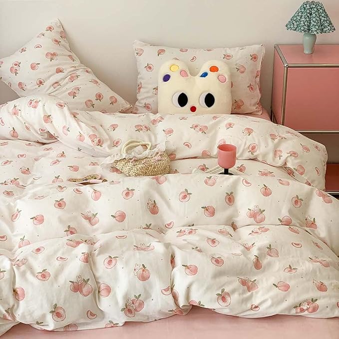 Nayoroom Pink Peach Duvet Cover Queen Size Kawaii Fruit Peaches Rabbit Printed on White Comforter Cover 3Pcs Kids Girls Soft Breathable Microfiber Cute Cartoon Bedding Set with Zipper Closure