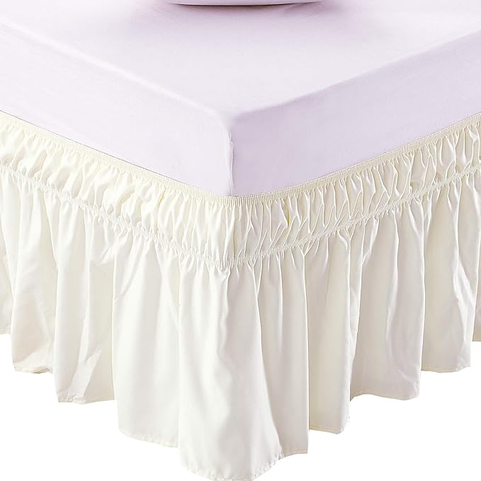 MEILA Wrap Around Bed Skirt Three Fabric Sides Elastic Dust Ruffled 24 Inch Tailored Drop,Easy to Install Fade Resistant-Ivory, Twin/Full