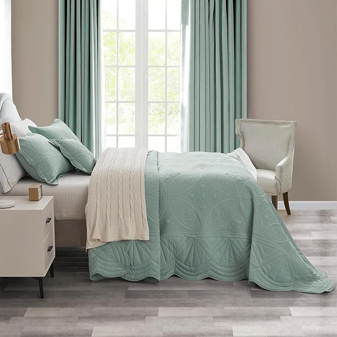Oversized Bedspread - Queen Size Bedding Cover - Modern & Contemporary Coverlet Set, Real Stitching, Reversible, Lightweight, 5 Piece, Seaglass