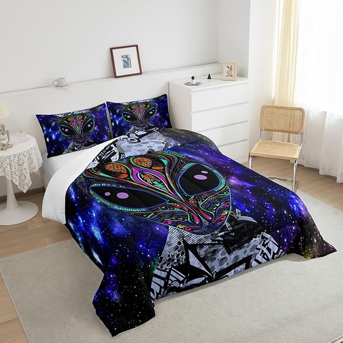 Feelyou Alien Printed Comforter Kids Galaxy Outer Space Themed Bedding Set Boys Girls Trippy Alien Hippie Skull Decor Comforter Set Colorful Tie Dye Quilted Duvet Bedroom Bed Set Twin Size…
