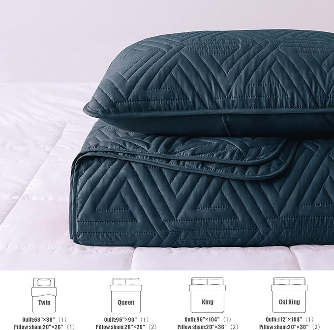 Whale Flotilla Soft Queen Size Quilt Set for All Seasons, 3-Piece Ultrasonic Geometric Quilts Bedding Set, Lightweight Reversible Bedspread, Coverlet, Bed Cover with 2 Pillow Shams, Navy