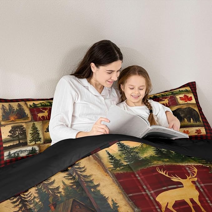 Bear Cabin Plaid Comforter Set Queen, Rustic Farmhouse Bedding Comforter Sets, Retro Hunting Deer Bedding, Country Woodland Pine Tree Duvet Set, Maple Leaf Lodge Decor Down Comforter, Red Black Brown