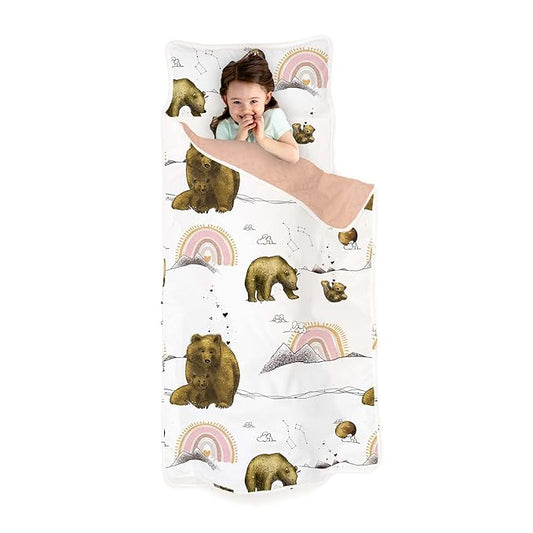 JumpOff Jo Extra Long Nap Mat for Kids - Cozy Kids Rest Mat with Removable Pillow and Ultra Soft Blanket for Preschool, Daycare, and Sleepovers - Rainbow Bears