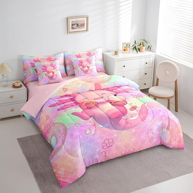 Feelyou Kids Cute Axolotl Comforter Set with Sheets Queen Size, Cartoon Salamander 7 Pieces Bedding Set Boys Girls Kawaii Ocean Sealife Bed in A Bag Rainbow Teens Bed Set Bedroom Decor 7Pcs