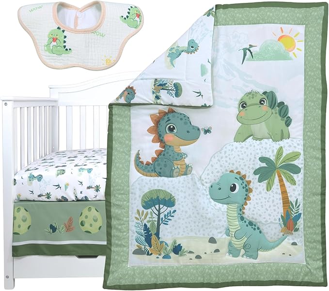 TrenD'lay 4 Piece - Includes Comforter, Fitted sheet, Crib skirt and Bib. Unisex Baby Dinosaurs Crib bedding set for Boys or Girls. Crib Comforter set for Newborn and Baby Nursery Decor. Baby Bedding.