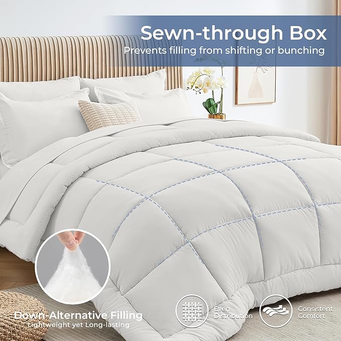 Sasttie California King Comforter Set, 7 Pieces Reversible Cal King Bed in a Bag, Complete Bedding Set Includes Comforter, Flat Sheet, Fitted Sheet, Pillowcases and Pillow Shams, Ivory