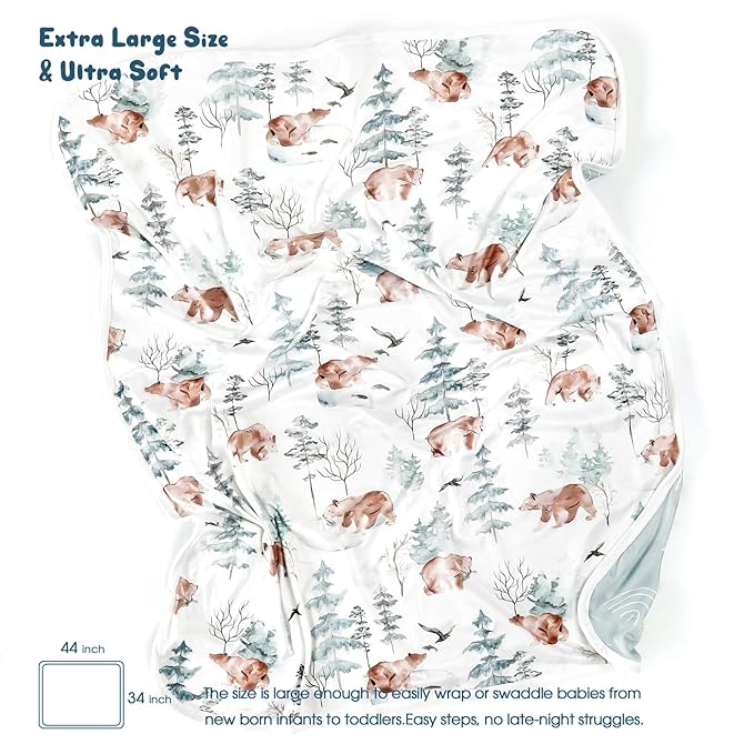 GRSSDER 2 Pack Super Soft Jersey Knit Swaddle Blankets for Baby Girls and Boys, Double Layer Reversible Receiving Blankets 34 x 44 Extra Large for Swaddling, Bear & Snow Wolf