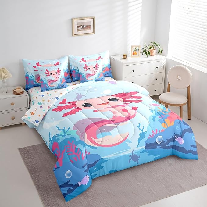 Feelyou Boys Girls Cute Axolotl Bed in A Bag Queen Size, Ocean Sealife Comforter Set with Sheets Kids Cartoon Salamander 7 Pieces Bedding Sets Kawaii Teens Bed Set Bedroom Decor