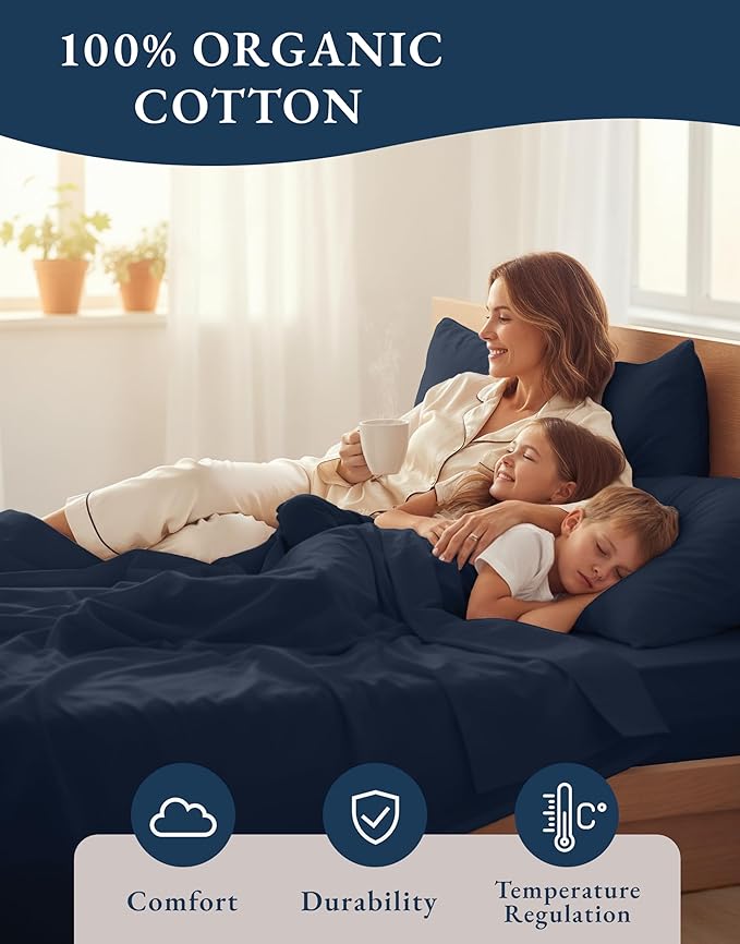 LANE LINEN Eco Friendly 100% Organic Cotton Fully Elasticized Full Sheet Set, Low Pilling Fade Resistant Machine Washable Naturally Cooling Full Bed Sheets, Soft & Comfy Cotton Bedding- Navy