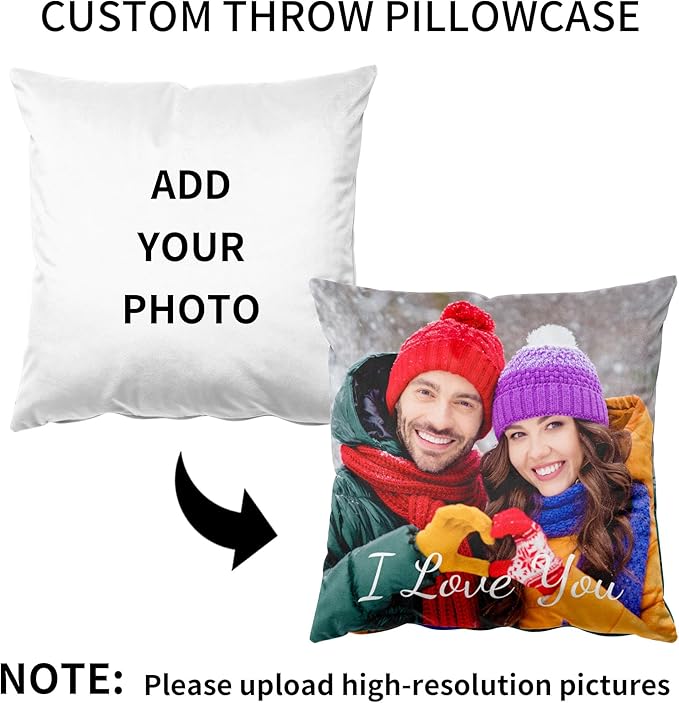 Easycosy Custom Pillow with Picture & Text, Two-Sides Velvet Customized Photo Pillowcase, 16"x16" Personalized Pillowcover with Photo, Custom Valentines Decor Love Gifts (Optional Pillow Insert)