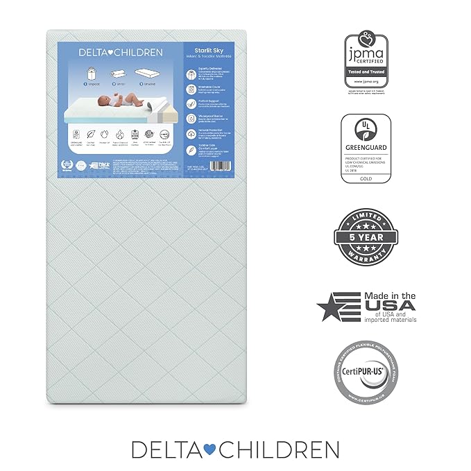 Delta Children Starlit Sky 2-Stage Crib and Toddler Mattress for Infants & Toddlers - Removable Machine Washable Mattress Cover - Waterproof - GREENGUARD Gold - Made in USA, Blue