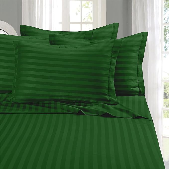 Elegant Comfort Softest and Coziest 6-Piece Sheet Set - 1500 Premium Hotel Quality Microfiber - Deep Pocket, Wrinkle Resistant 6-Piece Damask Stripe Bed Sheet Set, King, Hunter Green