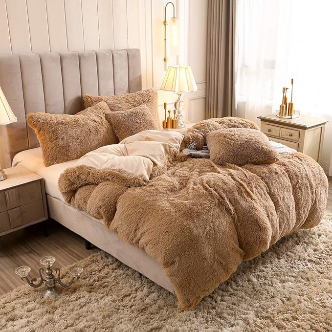 Uhamho Faux Fur Velvet Fluffy Bedding Duvet Cover Set Down Comforter Quilt Cover with Pillow Shams, Ultra Soft Warm (King, Camel)