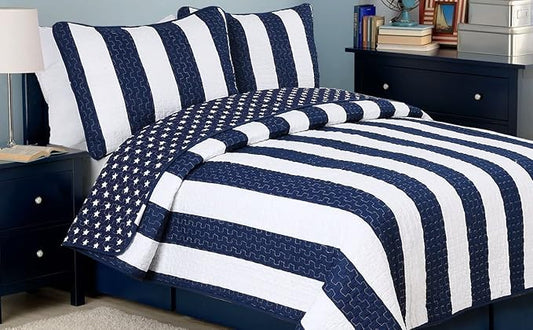 Cozy Line Home Fashions Sailor Popeye 's Bedding Quilt Set, Nautical Navy Blue White Star Striped 100% Cotton Reversible Coverlet Bedspread for Kids Boy (Sailor Star, Queen - 3 Piece)