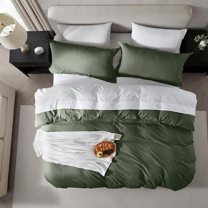 Nestl Olive Green Duvet Cover Queen Size - Soft Prewashed Queen Duvet Cover Set, 3 Piece, with Zipper Closure, 1 Duvet Cover 90x90 inches and 2 Pillow Shams