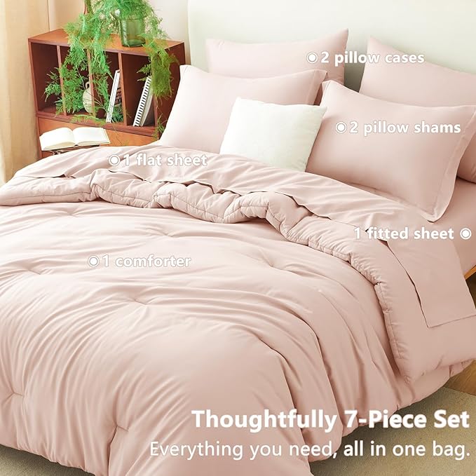 CozyLux Full Size Comforter Set Blush Pink, 7 Pieces Bed in a Bag Full Comforter Set with Sheets, Bedding Set with Down Alternative Comforter, Fitted Sheets, Flat Sheets, Pillow Shams and Pillowcases