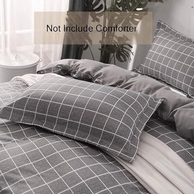 Nanko Duvet Cover Set Full Size Grey Grid, 80 x 90 3PC 1200 TC Luxury Microfiber Down Comforter Quilt Bedding Cover with Zipper Closure, Ties - Organic Modern Style for Men and Women, Gray Plaid