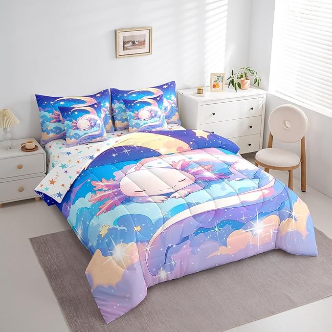 Feelyou Kids Cute Axolotl Bed in A Bag Queen Size, Galaxy 7 Pieces Bedding Set Boys Girls Cartoon Salamander Comforter Set with Sheets Kawaii Animal Teens Bed Set Bedroom Decor 7Pcs