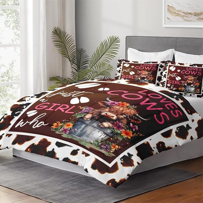 Queen Size Comforter Set with 2 Pillowcases, Cow Print Flower Green Soft 3 Pcs Bedding for Kids and Adults, Cute Happy Highland Comforter Set for Bedroom Bed Decor