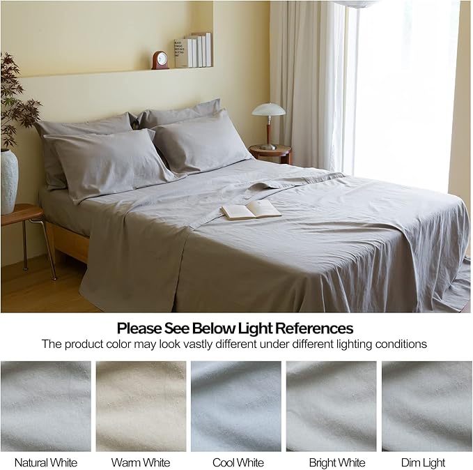Simple&Opulence Belgian Linen Sheet Set Solid Color - 6 Pieces (1 Flat Sheet & 1 Fitted Sheet & 4 Pillowcases) 16" Deep Pocket Natural Flax Cotton Blended Soft Bedding - Grey, King Size
