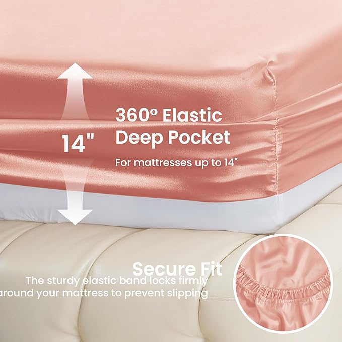 Love's cabin Satin Queen Sheets Set - 4 Piece Coral Silky Bed Sheets with Deep Pocket, Luxury Silk Feel Satin Queen Size Sheet Set (1 Flat Sheet,1 Fitted Sheet,2 Pillow Cases)