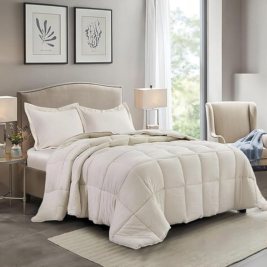 HIG Pre Washed Down Alternative Comforter Set Twin - Reversible Chic Quilt Design - Box Stitched with 4 Corner Tabs - Lightweight for All Season - Camel Duvet Comforter with 2 Pillow Shams