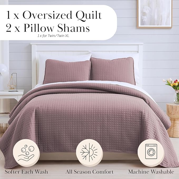 Southshore Fine Living, Inc. Twin Quilt Bedding Set, Soft Brushed Microfiber Quilt, Twin Coverlet Bedspread, Wrinkle & Pet Hair Resistant Bedding, Easy Care, with 1 Pillow Sham, Lavender
