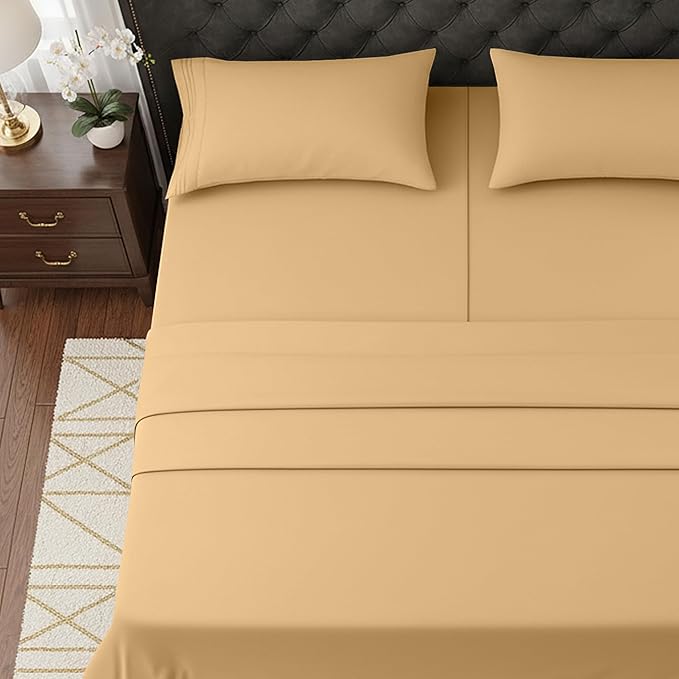 Elegant Comfort Luxurious 1500 Premium Hotel Quality Microfiber Three Line Embroidered Softest 5-Piece Bed Sheet Set, Wrinkle and Fade Resistant, Split King, Gold