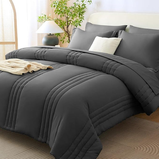 CozyLux Full Size Comforter Sets - 7 Piece Bed in a Bag Dark Grey Comforter Set with Sheets Bed Set All Seasons, Soft Bedding Set with Down Alternative Comforter, Sheets, Pillowcases & Shams