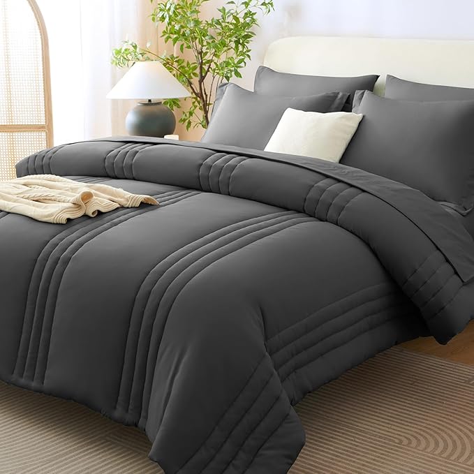 CozyLux King Size Comforter Sets - 7 Piece Bed in a Bag Dark Grey Comforter Set with Sheets Bed Set All Seasons, Soft Bedding Set with Down Alternative Comforter, Sheets, Pillowcases & Shams