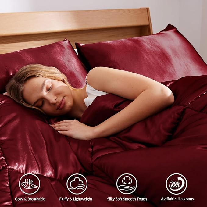 Whale Flotilla 3-Piece Reversible Silky Soft Queen Comforter Bedding Set, Luxurious Satin Comforters Full Size with 2 Satin Pillowcases, Lightweight Duvet for All Seasons, Red