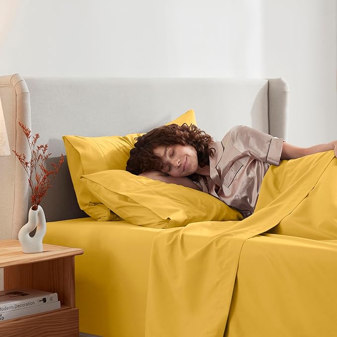 Nestl Full XL Sheet Set - Luxury 1800 Ultra-Soft Microfiber Full Extra Long Bed Sheets - Double Brushed - Deep Pockets - Easy Fit - 4 Piece Set - Bedding Sheets & Pillowcases (Full XL, Yellow)