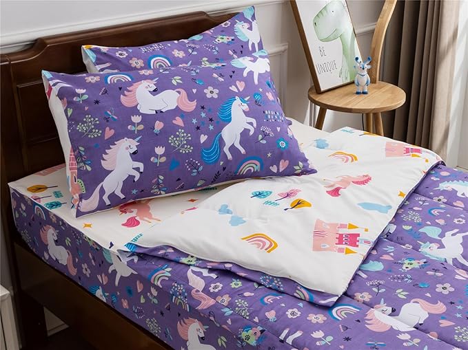NTBED Unicorn Printed Zipper Bedding Sets Twin Lightweight Microfiber Floral Comforter Sets with Fitted Sheet Pillow Covers,Purple