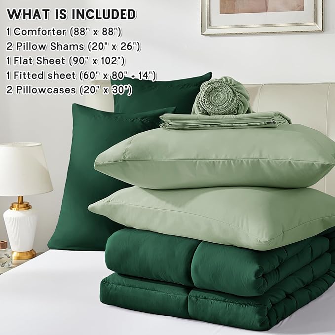 Anluoer Queen Comforter Set,Emerald Green&Sage Bed in a Bag 7 Piece,Lightweight Bedding Set with Soft Down Alternative Fill,Bed Set Includes Comforter, Fitted Sheet, Flat Sheet,Pillowcases and Shams