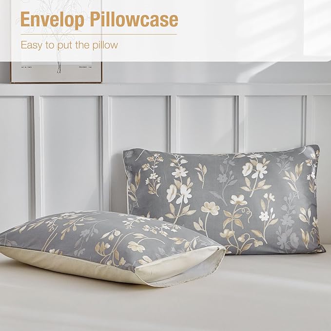 Lekesky Queen Duvet Cover Set, Gold Floral Duvet Cover Queen Size, 3 Pieces Grey Bedding Sets with Zipper, Ultra Soft Microfiber Reversible Queen Size Comforter Cover with 2 Pillowcases 20"x26"