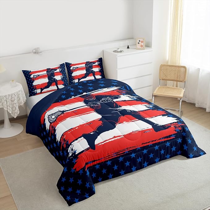 Feelyou Lacrosse Comforter Set Queen Size Boys Gilrs American Flag Sports Theme Bedding Set for Kids Adults Ultra Soft Lacrosse Player Games Comforter Navy Blue Duvet Set Room Decor Quilt Set